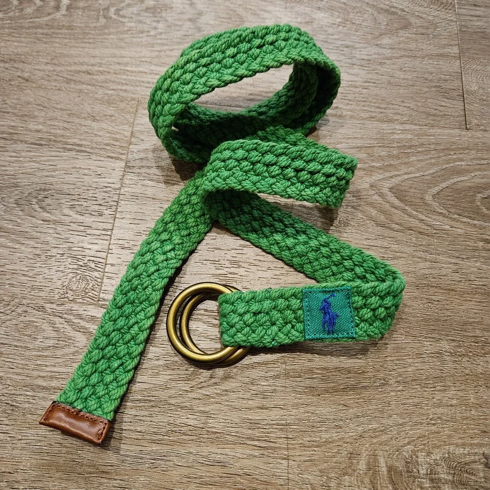 Polo Ralph Lauren Mens Green Braided Cotton Belt Leather Trim D Ring Pony